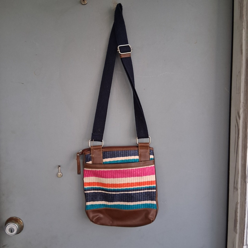 Chaps Multicolor Striped Woven Crossbody Bag Sea Grass Purse - Picture 2 of 5